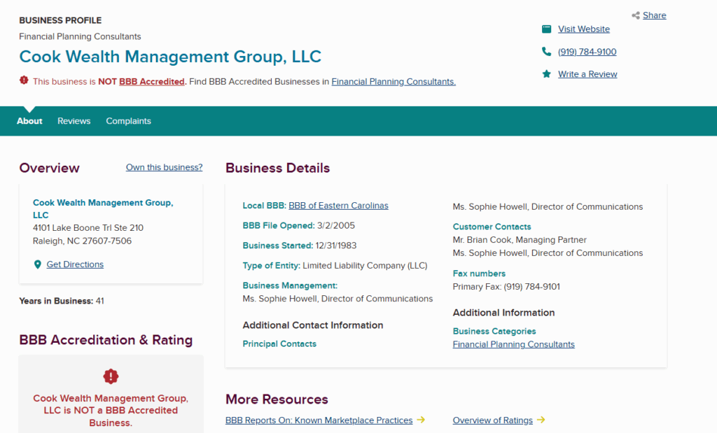 Cook Wealth Management BBB rating and reviews